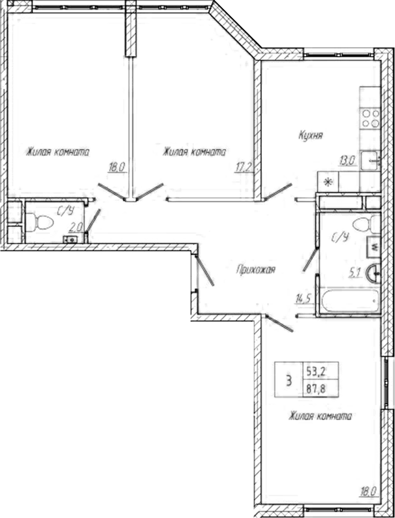 Планировка 3-к.кв 87.80 м² в ЖК «Шория-Град. Шерегеш»