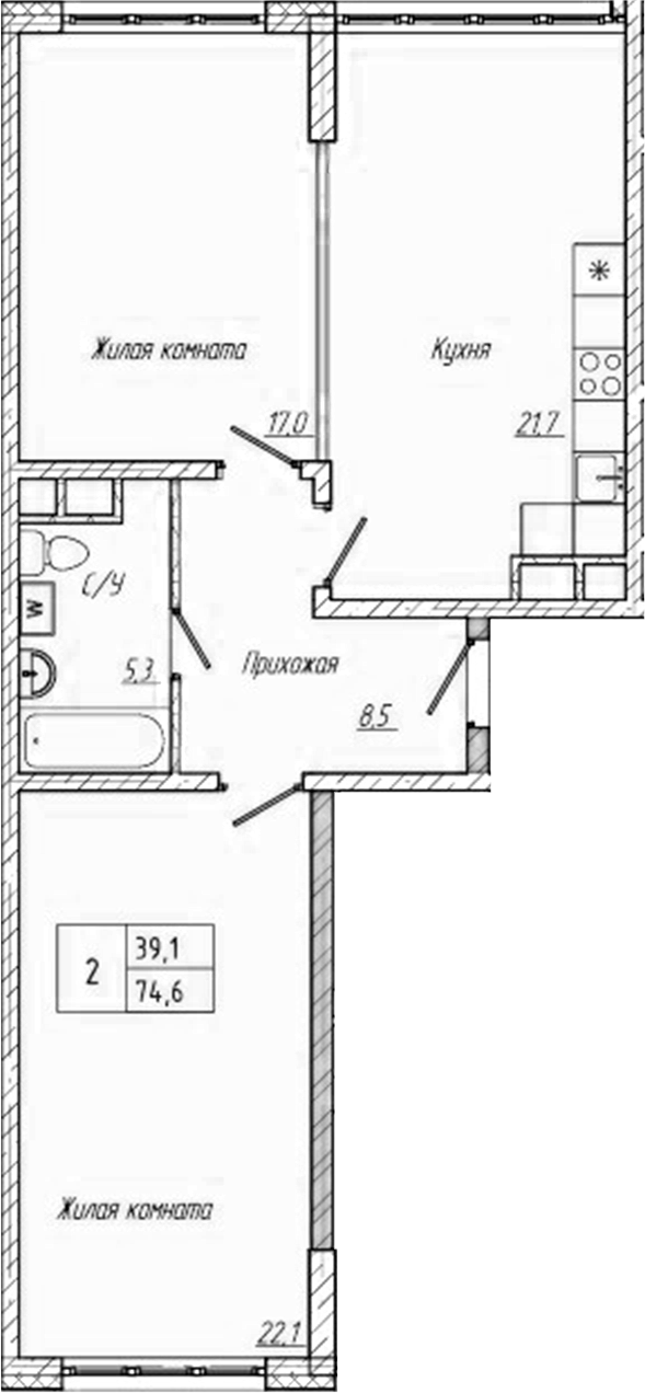 Планировка 2-к.кв 74.60 м² в ЖК «Шория-Град. Шерегеш»