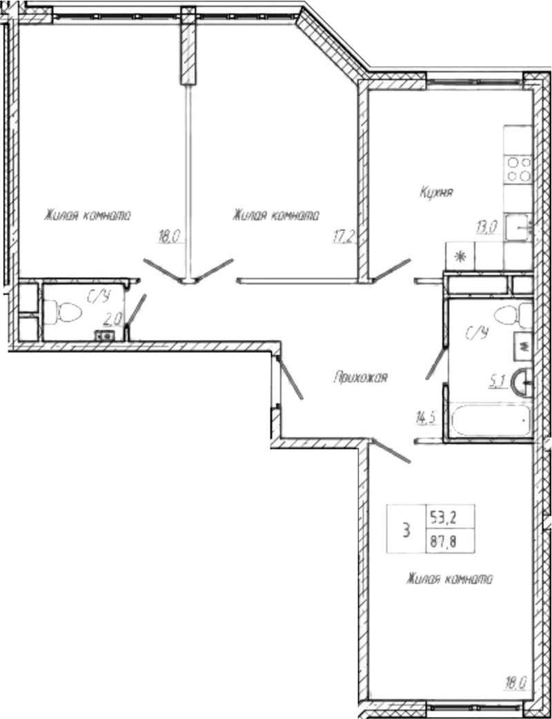 Планировка 3-к.кв 87.80 м² в ЖК «Шория-Град. Шерегеш»