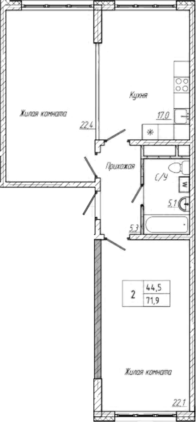 Планировка 2-к.кв 71.90 м² в ЖК «Шория-Град. Шерегеш»