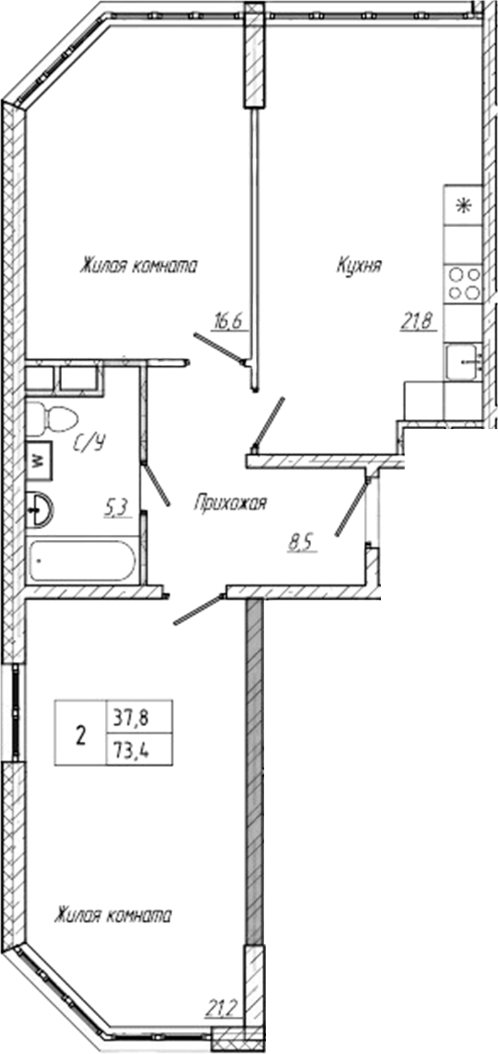 Планировка 2-к.кв 73.40 м² в ЖК «Шория-Град. Шерегеш»