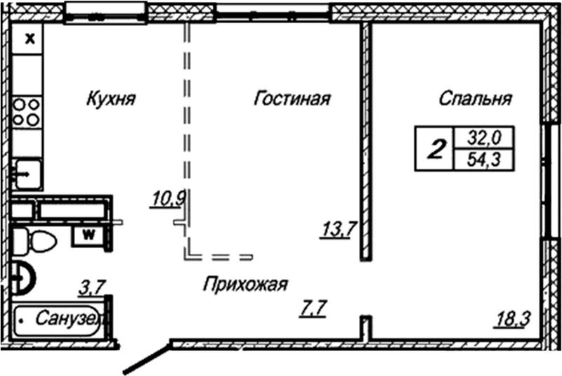 Планировка 2-к.кв 54.30 м² в ЖК «Шория-Град. Шерегеш»