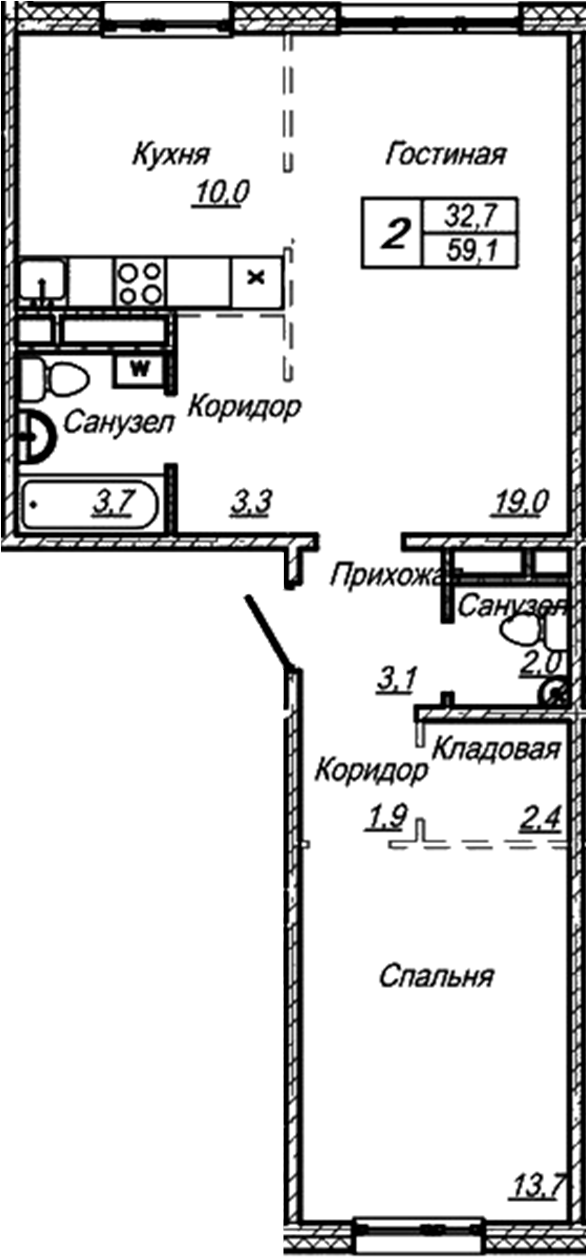 Планировка 2-к.кв 59.10 м² в ЖК «Шория-Град. Шерегеш»