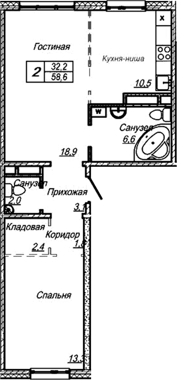 Планировка 2-к.кв 58.60 м² в ЖК «Шория-Град. Шерегеш»