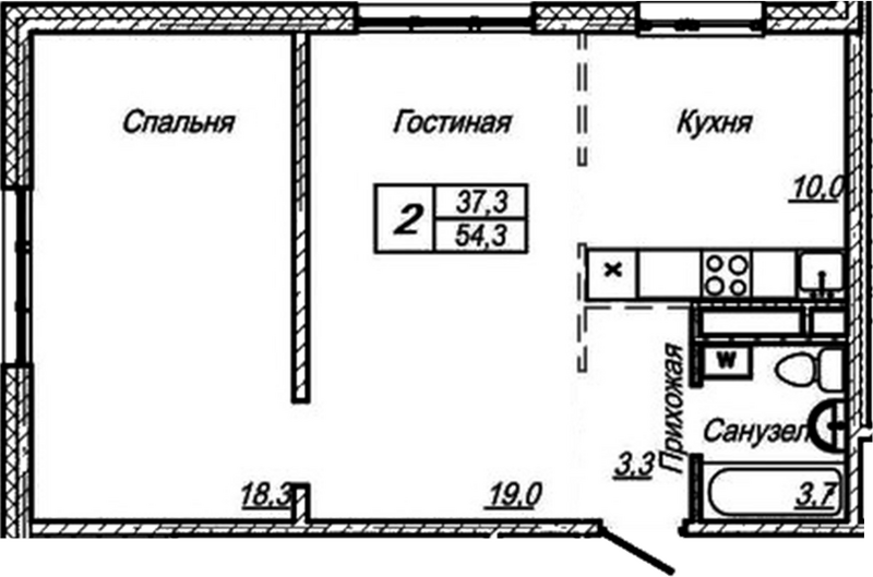 Планировка 2-к.кв 54.30 м² в ЖК «Шория-Град. Шерегеш»