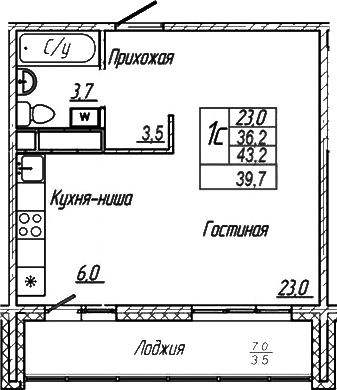 Планировка студии 36.20 м² в ЖК «Шория-Град. Шерегеш»