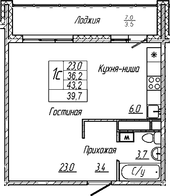 Планировка студии 36.20 м² в ЖК «Шория-Град. Шерегеш»