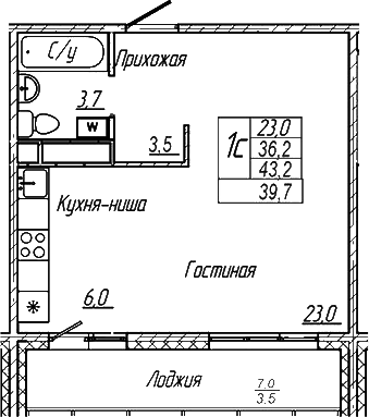 Планировка студии 36.20 м² в ЖК «Шория-Град. Шерегеш»