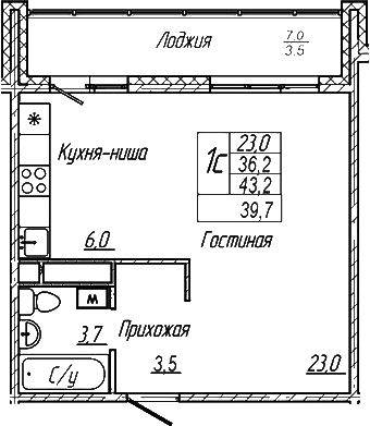 Планировка студии 36.20 м² в ЖК «Шория-Град. Шерегеш»