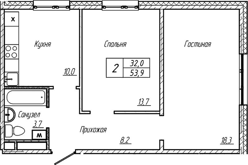 Планировка 2-к.кв 53.90 м² в ЖК «Шория-Град. Шерегеш»