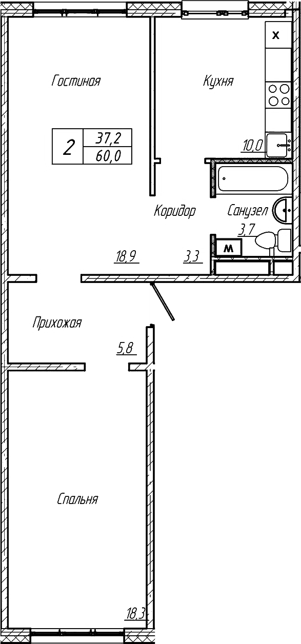 Планировка 2-к.кв 60.00 м² в ЖК «Шория-Град. Шерегеш»
