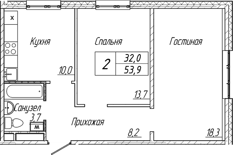 Планировка 2-к.кв 53.90 м² в ЖК «Шория-Град. Шерегеш»