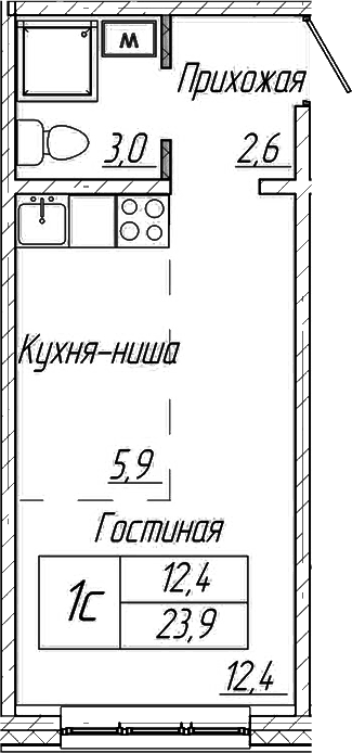 Планировка студии 23.90 м² в ЖК «Шория-Град. Шерегеш»