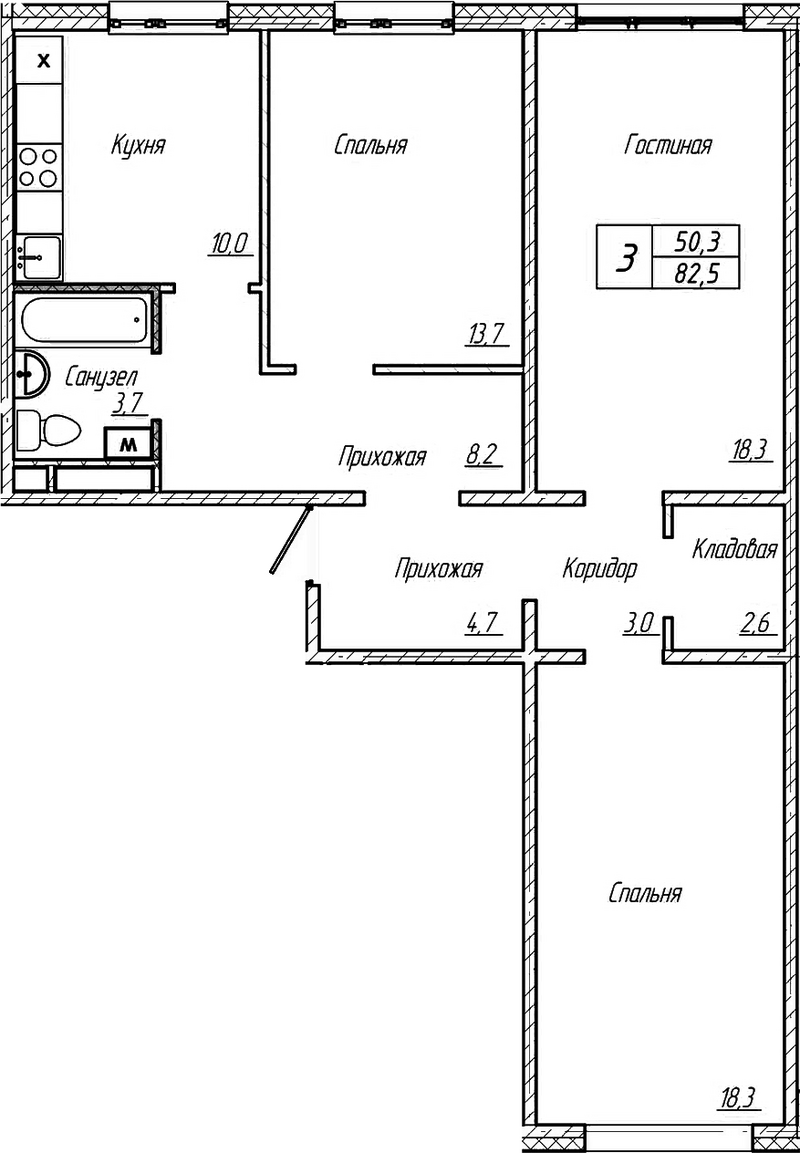 Планировка 3-к.кв 82.50 м² в ЖК «Шория-Град. Шерегеш»