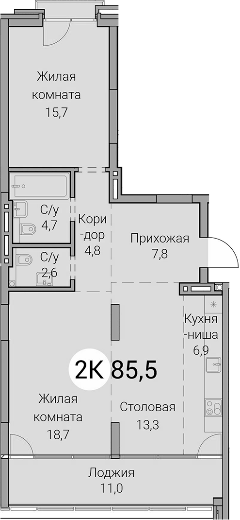 Планировка 3е-к.кв 74.50 м² в ЖК «Тайм Сквер»