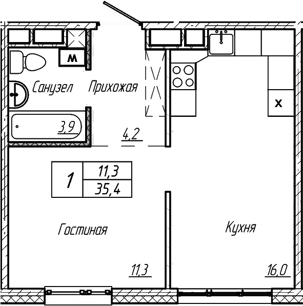 Планировка 1-к.кв 35.40 м² в ЖК «Шория-Град. Шерегеш»