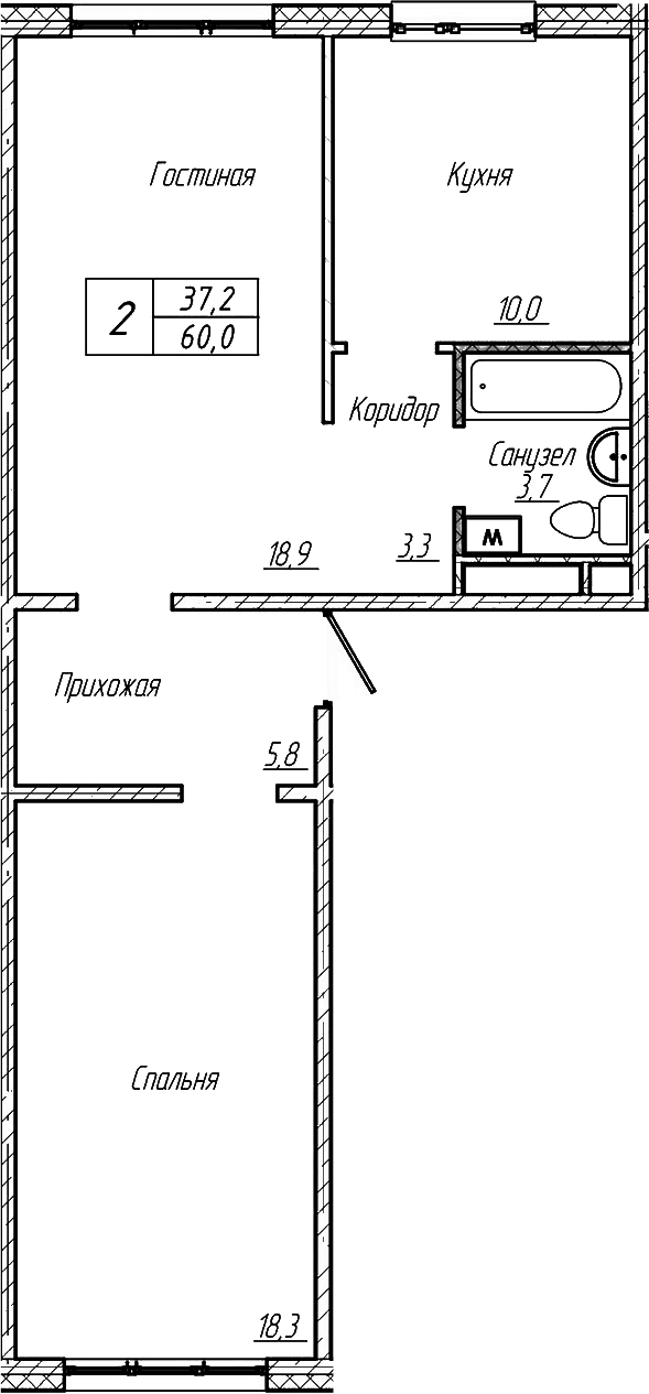 Планировка 2-к.кв 60.00 м² в ЖК «Шория-Град. Шерегеш»
