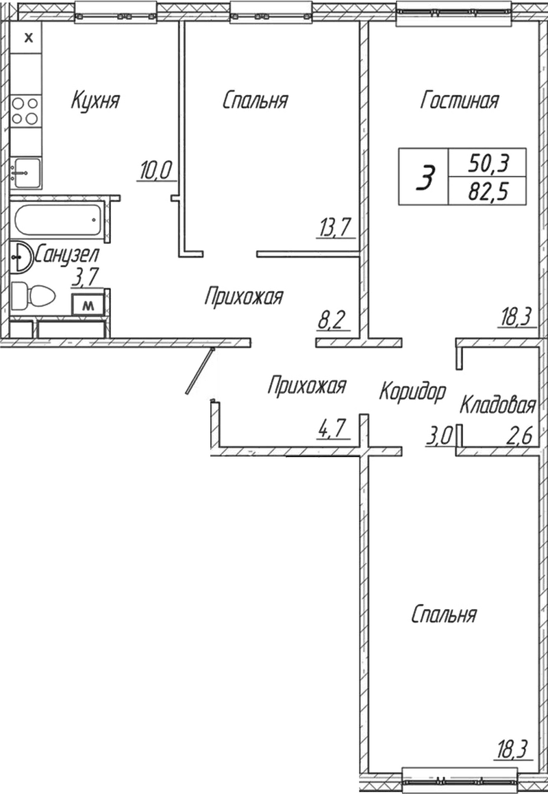 Планировка 3-к.кв 82.50 м² в ЖК «Шория-Град. Шерегеш»