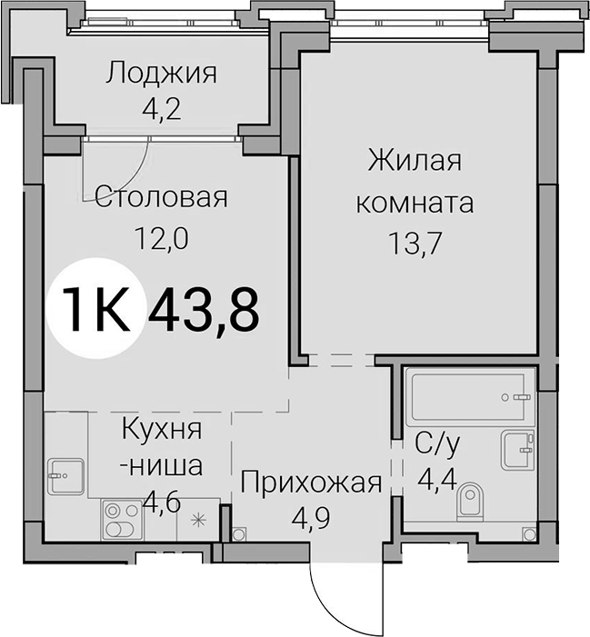 Планировка 2е-к.кв 39.60 м² в ЖК «Тайм Сквер»