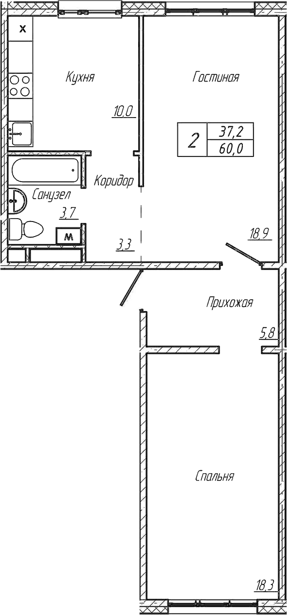 Планировка 2-к.кв 60.00 м² в ЖК «Шория-Град. Шерегеш»