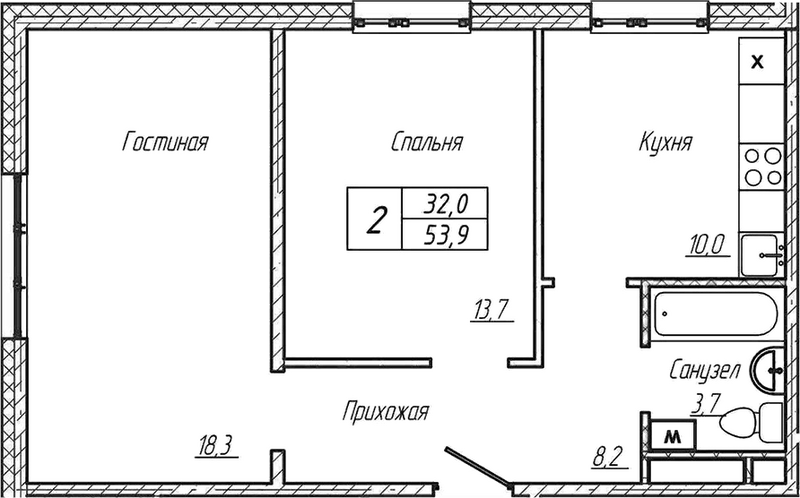Планировка 2-к.кв 53.90 м² в ЖК «Шория-Град. Шерегеш»