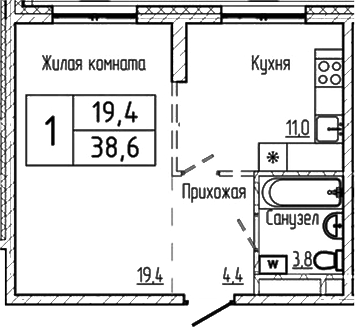 Планировка 1-к.кв 38.60 м² в ЖК «Шория-Град. Шерегеш»