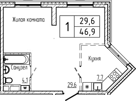 Планировка 1-к.кв 46.90 м² в ЖК «Шория-Град. Шерегеш»