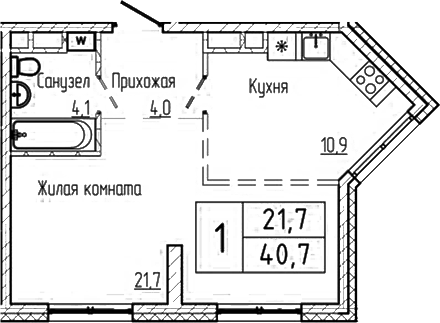 Планировка 1-к.кв 40.70 м² в ЖК «Шория-Град. Шерегеш»
