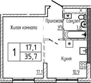 Планировка 1-к.кв 35.70 м² в ЖК «Шория-Град. Шерегеш»
