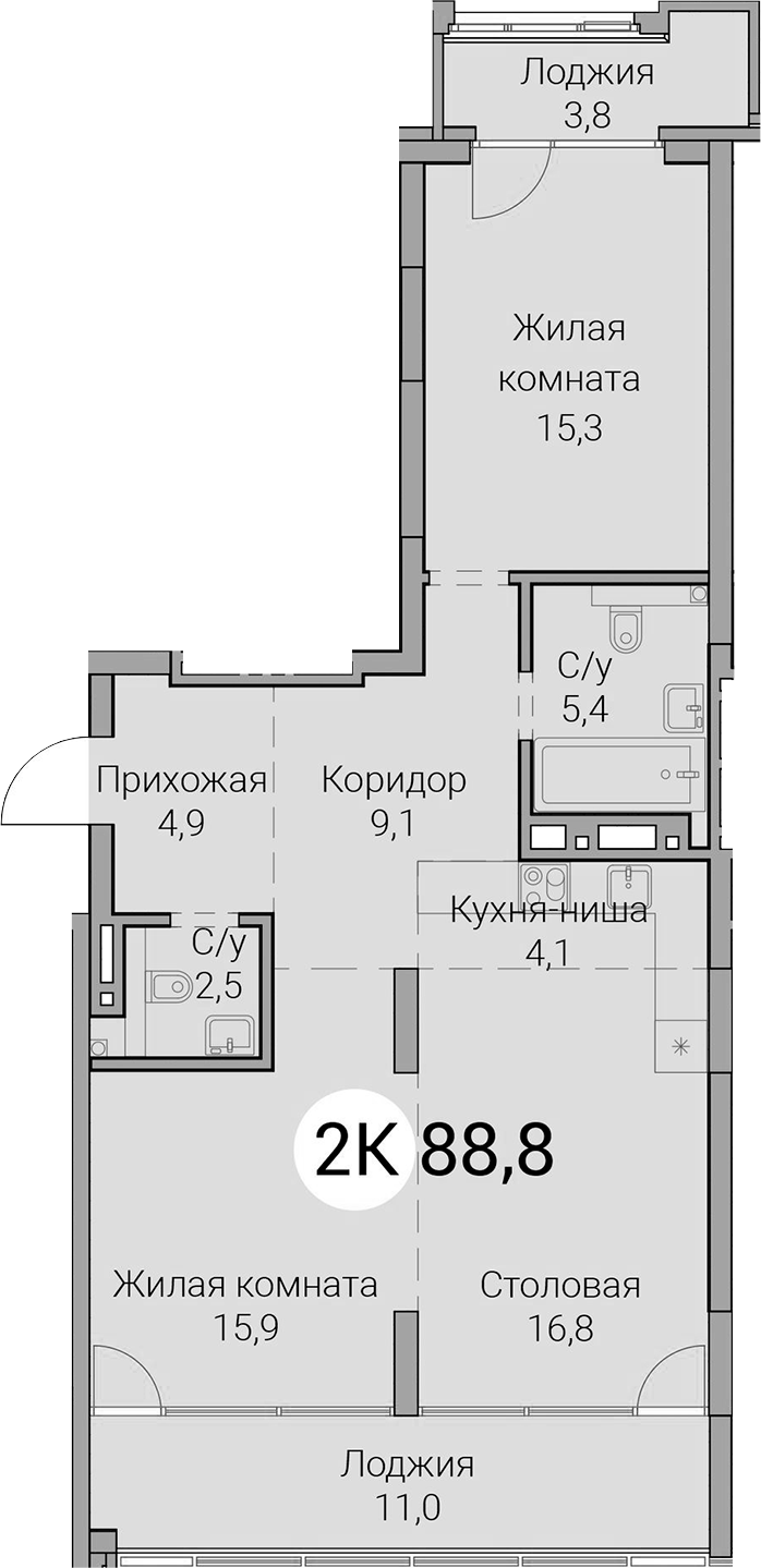 Планировка 3е-к.кв 74.00 м² в ЖК «Тайм Сквер»