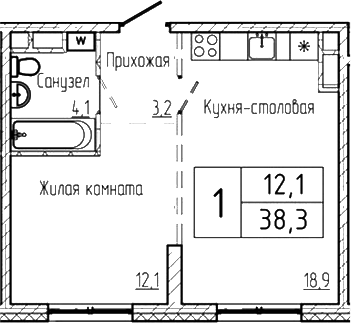 Планировка 1-к.кв 38.30 м² в ЖК «Шория-Град. Шерегеш»