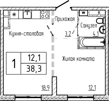 Планировка 1-к.кв 38.30 м² в ЖК «Шория-Град. Шерегеш»