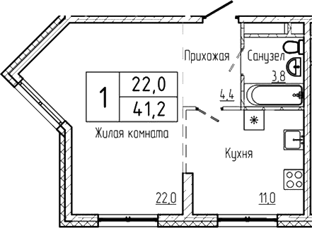 Планировка 1-к.кв 41.20 м² в ЖК «Шория-Град. Шерегеш»