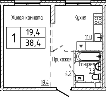 Планировка 1-к.кв 38.40 м² в ЖК «Шория-Град. Шерегеш»