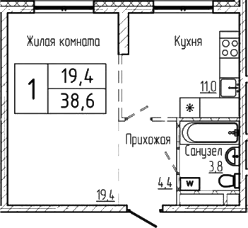 Планировка 1-к.кв 38.60 м² в ЖК «Шория-Град. Шерегеш»
