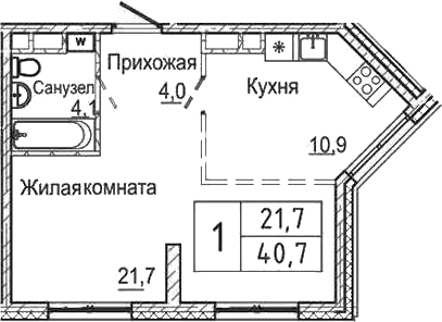 Планировка 1-к.кв 40.70 м² в ЖК «Шория-Град. Шерегеш»