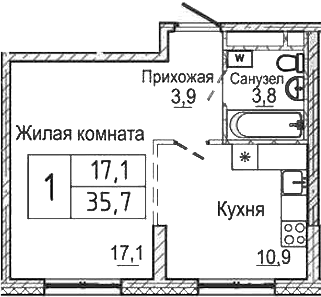 Планировка 1-к.кв 35.70 м² в ЖК «Шория-Град. Шерегеш»