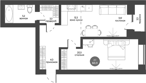 Планировка 2е-к.кв 59.01 м² в ЖК «Белозерский. Томск»