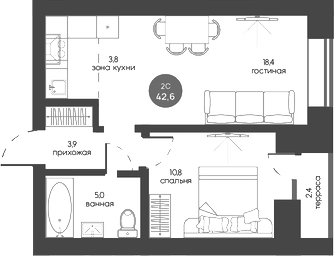 Планировка 2е-к.кв 41.88 м² в ЖК «Белозерский. Томск»