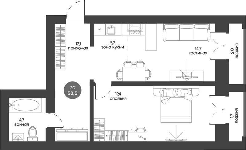 Планировка 2е-к.кв 56.65 м² в ЖК «Белозерский. Томск»