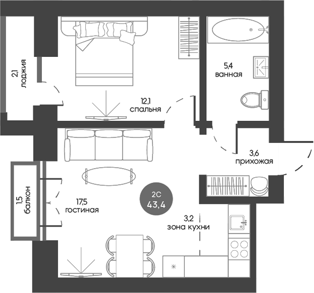 Планировка 2е-к.кв 41.90 м² в ЖК «Белозерский. Томск»