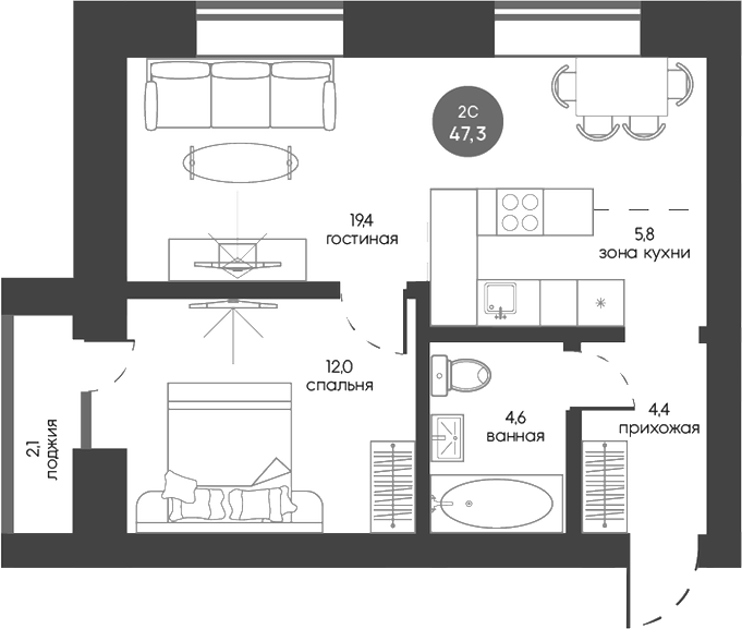 Планировка 2е-к.кв 46.25 м² в ЖК «Белозерский. Томск»