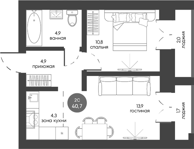 Планировка 2е-к.кв 38.85 м² в ЖК «Белозерский. Томск»