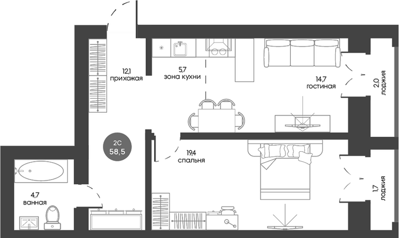 Планировка 2е-к.кв 56.65 м² в ЖК «Белозерский. Томск»
