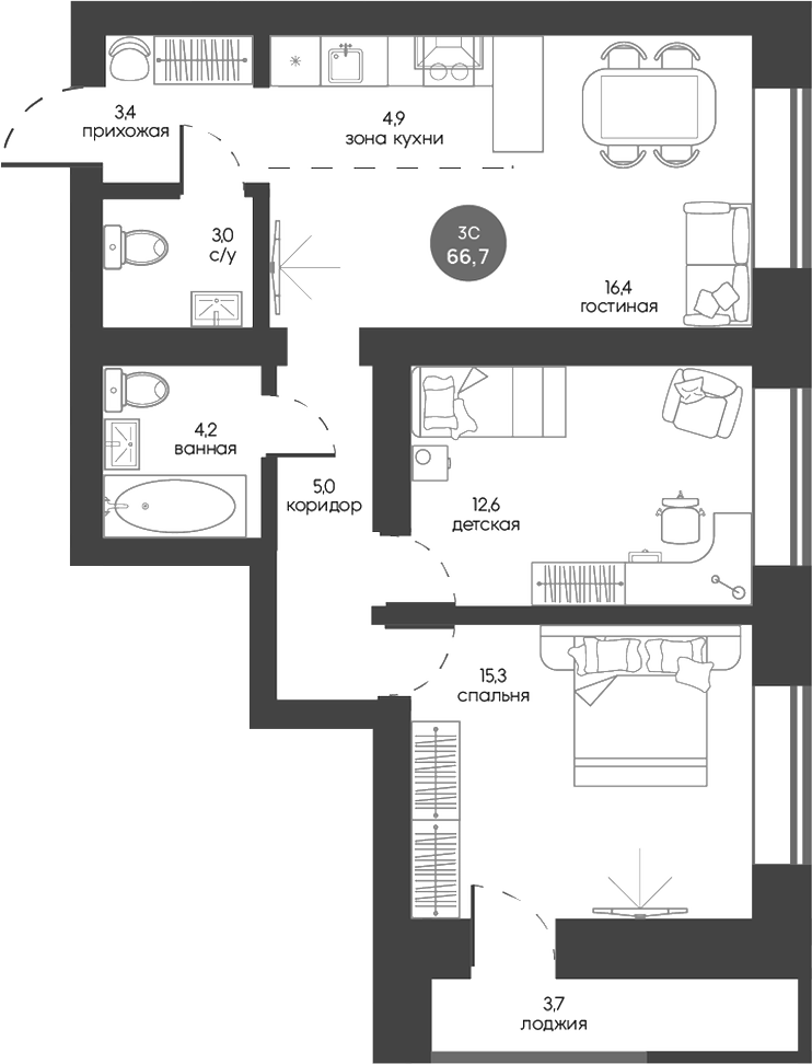 Планировка 3е-к.кв 64.85 м² в ЖК «Белозерский. Томск»