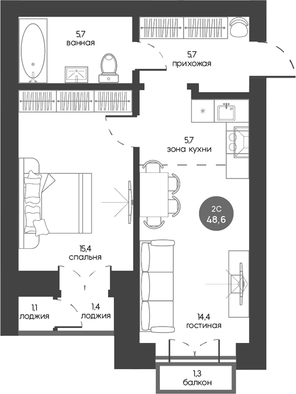 Планировка 2е-к.кв 46.96 м² в ЖК «Белозерский. Томск»