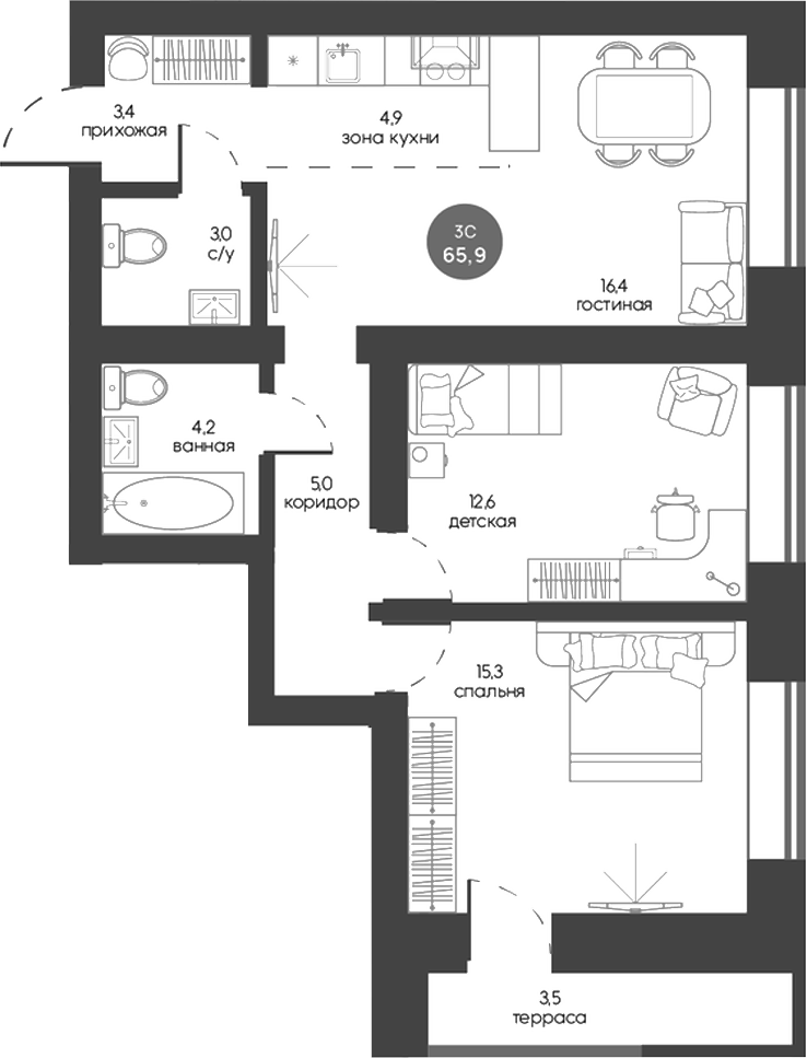 Планировка 3е-к.кв 64.85 м² в ЖК «Белозерский. Томск»