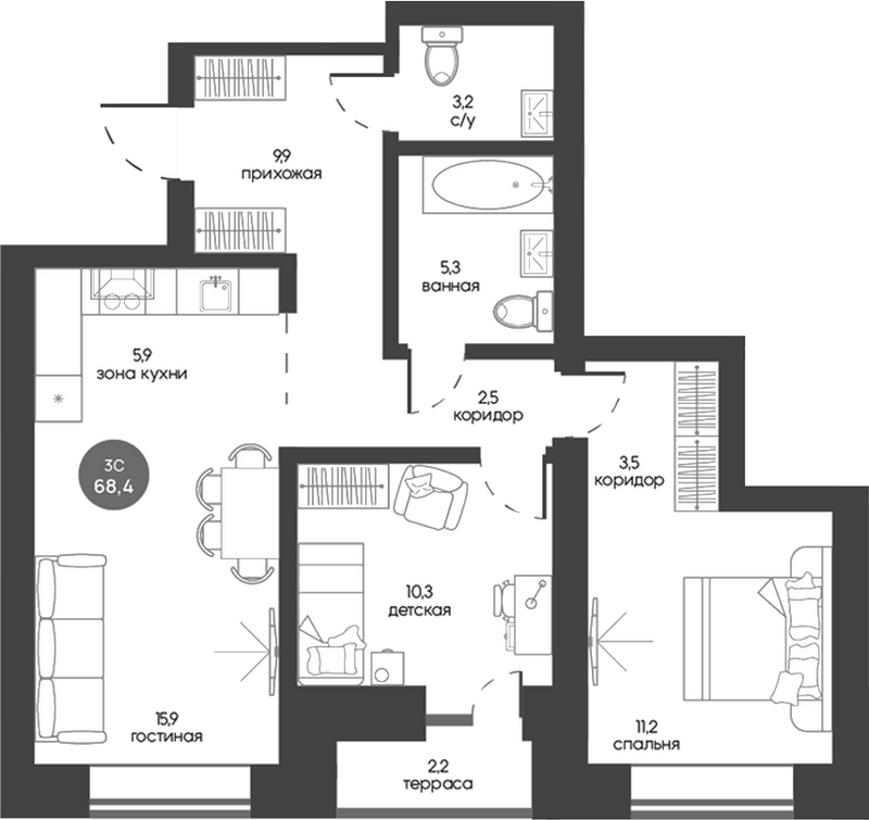 Планировка 3е-к.кв 67.74 м² в ЖК «Белозерский. Томск»