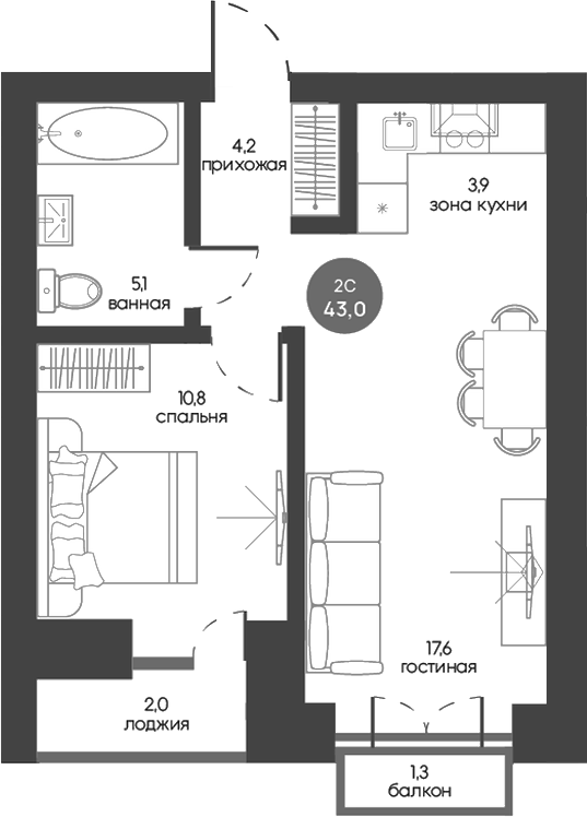 Планировка 2е-к.кв 41.61 м² в ЖК «Белозерский. Томск»