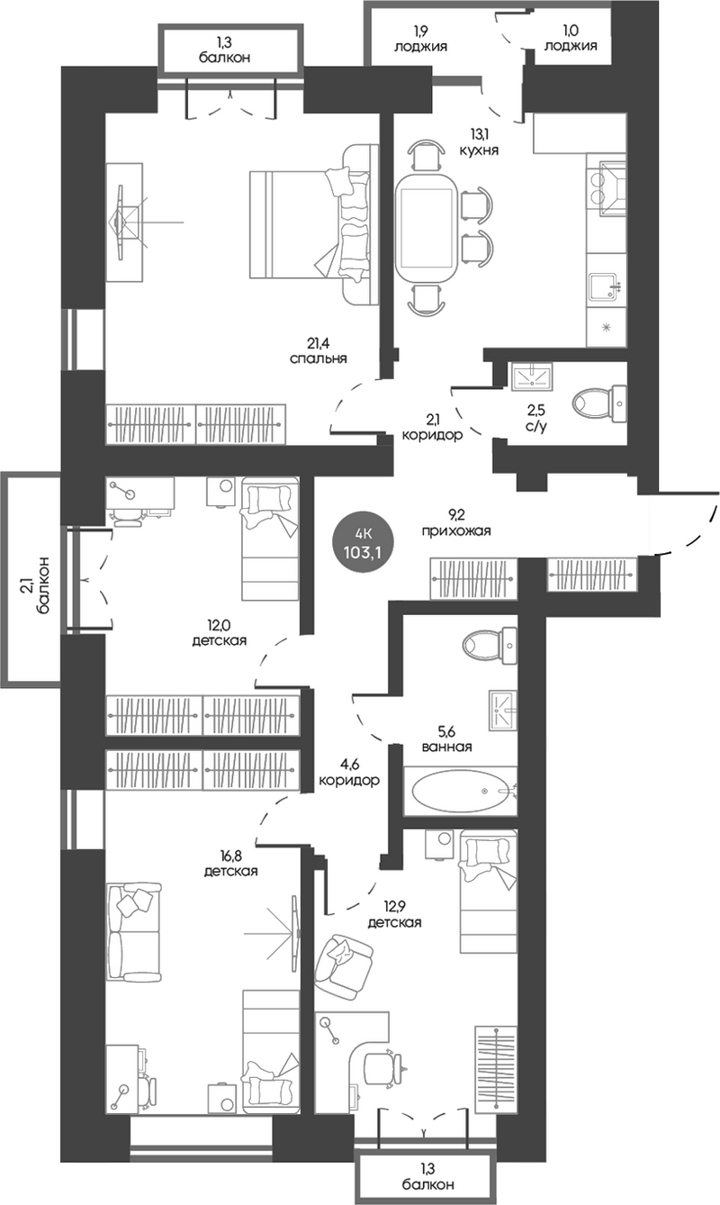Планировка 4-к.кв 100.24 м² в ЖК «Белозерский. Томск»